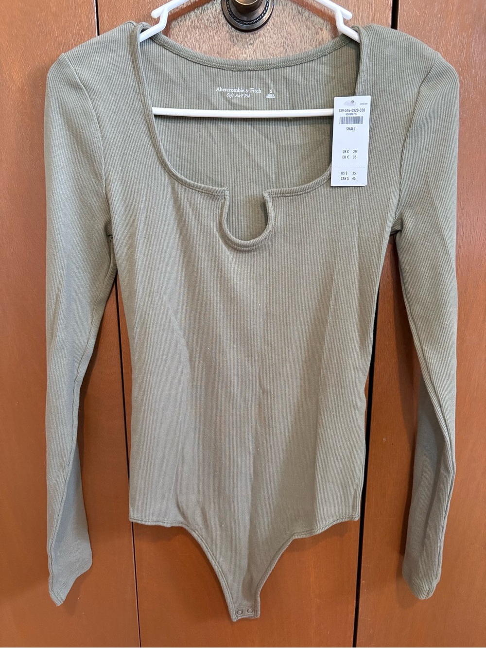 Abercrombie & Fitch Olive Green Ribbed Long-Sleeve Notch Bodysuit